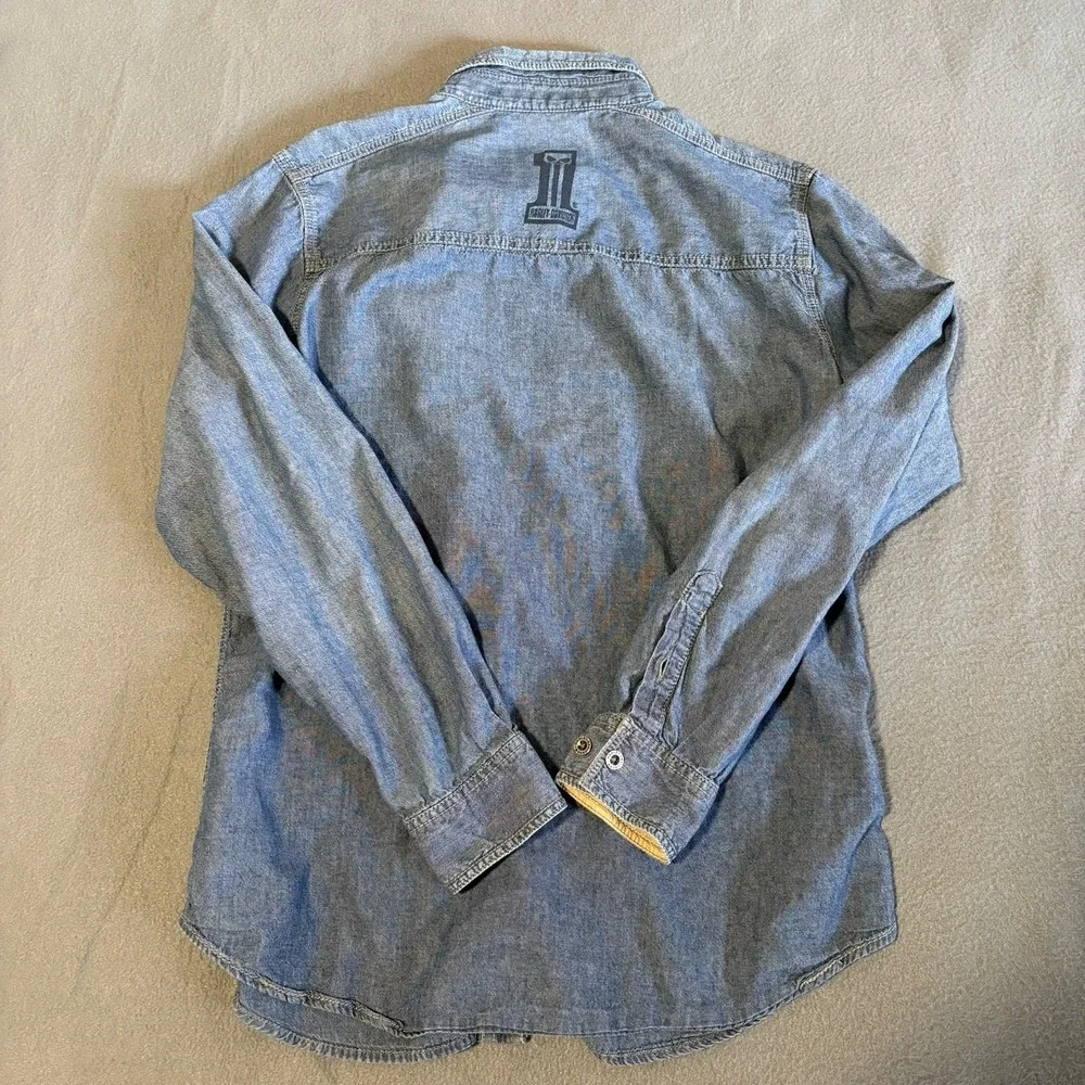 Harley Davidson Denim Shirt Men M Blue Biker Graphic Print Skull Logo‎ Y2K